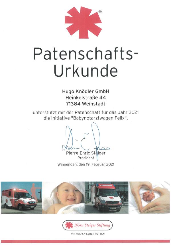 Patenschaft-Urkunde Babynotarzwagen Felix